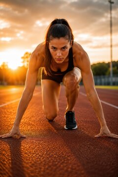 Vertical close-up of a determined female sprinter in low start position on outdoor track during dramatic golden hour sunset. Fitness motivation and power concept.
