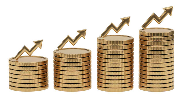 Four increasing stacks of gold coins with upward pointing arrows representing financial growth and profit isolated on a transparent background