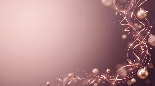 Elegant decorative swirls with golden baubles and soft bokeh lights background design