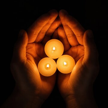 Top-down view of cupped hands holding three burning tea light candles against a black background. Concept of remembrance, hope, prayer, grief, and faith.