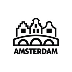 Obraz premium Amsterdam landmark skyline with canal houses, an arched bridge and traditional gabled roofs, monochrome outline icon for tourism, travel, architecture and destination branding