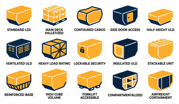 Set of various airline unit load device cargo containers for air freight transportation and logistics Minimal solid fill icon set bundle collection. Editable Vector Illustration Mega pack