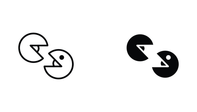 Pacman video game characters vector icon isolated on white Black and white outline line art and solid glyph silhouette