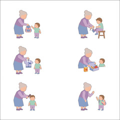 Fototapeta premium Set of illustrations showing a grandmother taking care of her grandson preparing for school.