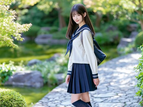 日本庭園の敷石を歩きながら新緑の中で爽やかな笑顔を見せる女子学生