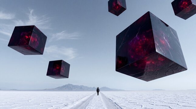 Man Walking in Surreal Landscape Under Floating Futuristic Cubes