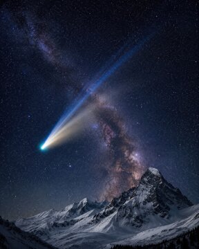 Bright comet with long blue ion tail and Milky Way galaxy soaring over snowy mountain peak. Stunning night sky landscape astrophotography with starry background and alpine scenery.