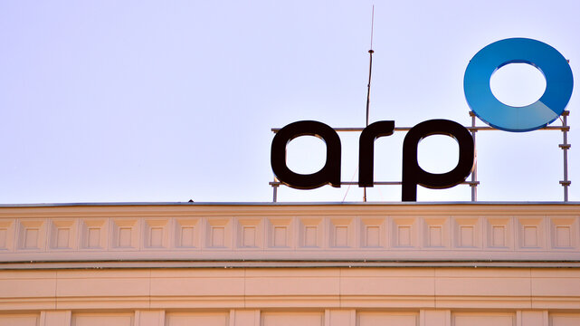 Warsaw, Poland. 15 August 2026. Urban landscape. Neon sign with the inscription: ARP. Agencja Rozwoju Przemyslu S.A.