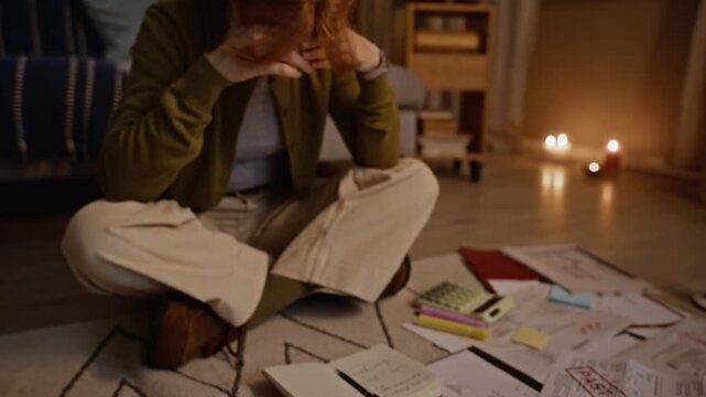 Young adult Caucasian woman crying and praying in distress over past due utility bills on floor, handheld tilt up. Footage represents financial crisis, debt relief, or mental health struggles