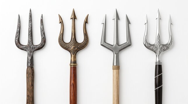 Four different metal trident spears for fantasy warriors