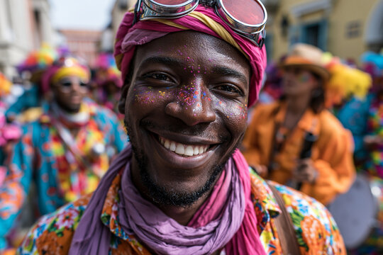 Smiling Man in Colorful Costume at Street Carnival