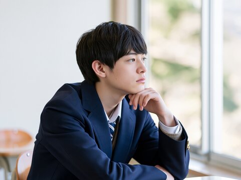 窓際であごに手を添えて静かに外を見つめるブレザー制服姿の男子学生