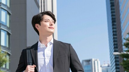 Fototapeta premium 洗練された都会のビル街を希望に満ちた笑顔で颯爽と歩くビジネスマン