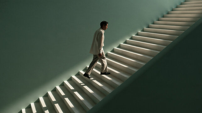 Man Walking Up Modern Minimalist Staircase