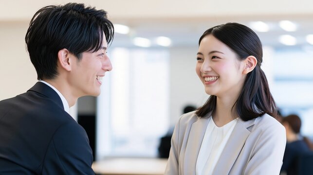 オフィスで笑顔を交わしながら楽しそうに談笑するスーツ姿のビジネス男女