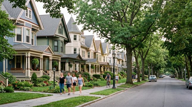 Victorian Houses Along Tree Lined Residential Suburban Street