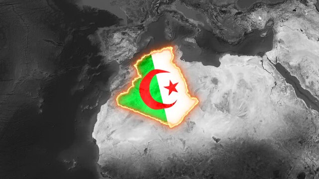 Algeria's burning borders glow with national flag over grayscale map motion clip