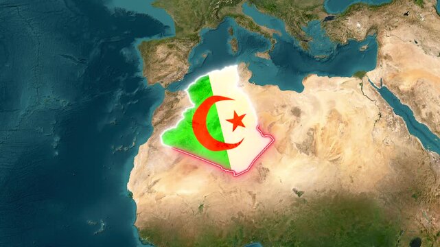Algeria country map glowing with national flag motion video footage animation