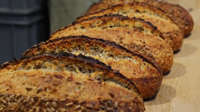 Seeded bread loaves rest in row on wooden counter with golden crust. Sliced pieces reveal airy crumb symbolizing fresh artisan baking