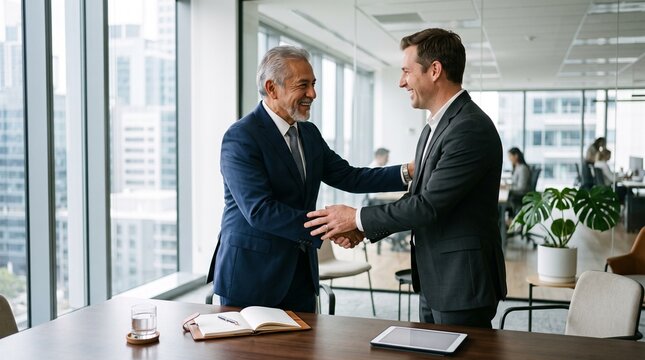 Two smiling businessmen in suits shaking hands in a modern office with city view