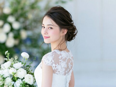 美しい白い花束を抱えて幸せそうな笑顔で振り返るウェディング姿の花嫁
