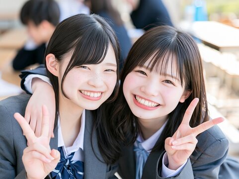 校舎を背に笑顔でピースサインを決める制服姿の可愛い女子学生たち