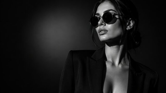 Close up black and white high fashion portrait of glamorous woman in black blazer jacket and round sunglasses with side dramatic studio lighting and negative copy space on dark background. Elegance, l