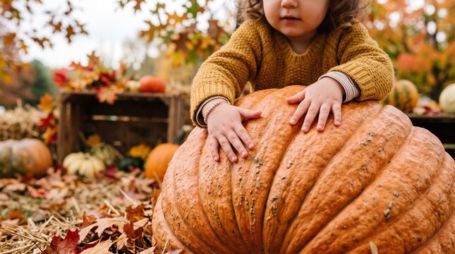 Toddler hands resting on a giant pumpkin during autumn harvest season surrounded by fall leaves and pumpkins