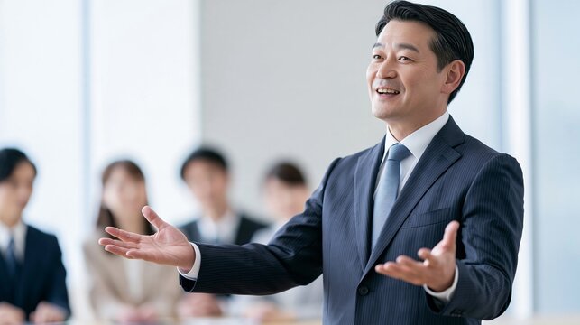 受講生を前に身振り手振りを交えて笑顔で語りかける頼もしい男性講師
