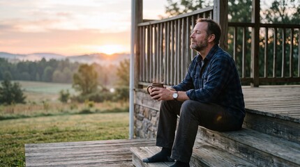 Obraz premium Man enjoys peaceful sunrise with coffee on rustic porch overlooking misty valley