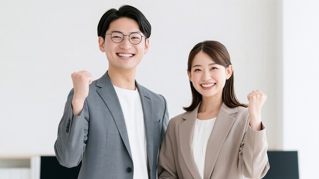 プロジェクトの成功を祝い笑顔で力強くガッツポーズをする同僚たち