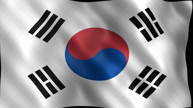 South korean flag waving with taegeuk symbol and trigrams. 4K Video