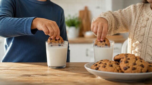 Close-up horizontal view of children hands dunking chocolate chip cookies into glasses of fresh milk at a wooden kitchen table. Plate of homemade cookies in the foreground. Delicious snack, sweet trea