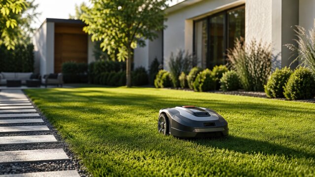 Robotic lawn mower autonomously cutting green grass on a sunlit lawn in front of a modern smart home house. Smart home technology, automated lawn care, modern gardening gadgets, and landscaping concep