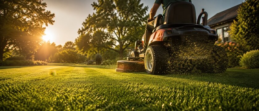 Low angle dynamic shot of a man driving a riding lawn mower tractor cutting green grass at sunset with flying grass clippings. Commercial lawn care, landscaping service, large yard maintenance, and he