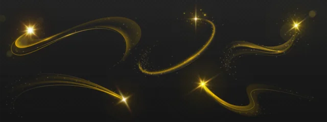 Fotobehang Sportwinkel Magic gold star trails with glittering dust particles glowing on dark transparent background. Abstract vector design, swoosh light lines with flare, sparkling effect and swirls for festive design  © klyaksun