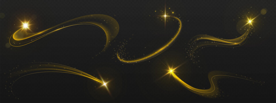 Magic gold star trails with glittering dust particles glowing on dark transparent background. Abstract vector design, swoosh light lines with flare, sparkling effect and swirls for festive design