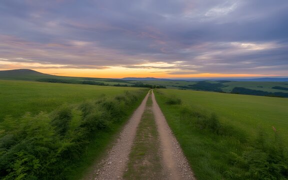 Dirt path winding through vibrant lush green rolling meadows beneath a stunning dramatic sunset sky featuring soft orange and purple clouds captured in high resolution during the calm twilight evening