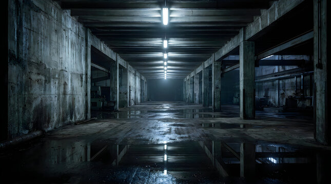 Abandoned dark industrial warehouse with reflective wet concrete floor
