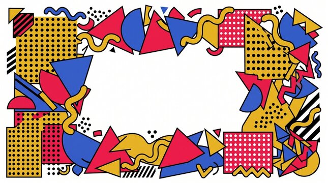 Memphis style geometric frame, colorful 90s retro background with triangles and squiggles, abstract border on white, vibrant pop art illustration for posters