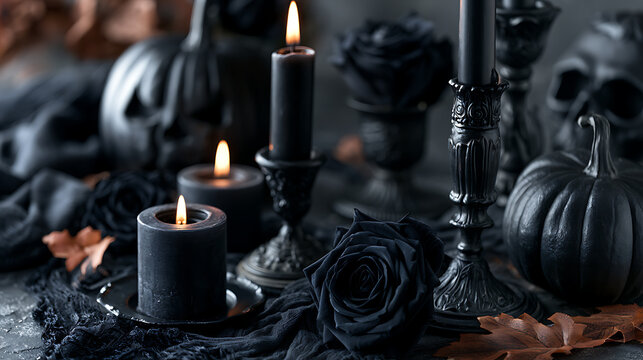 Black candles and dark roses in a dramatic gothic still life composition