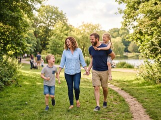 Obraz premium Happy Family Walking in Green Park with Daughter on Father's Back