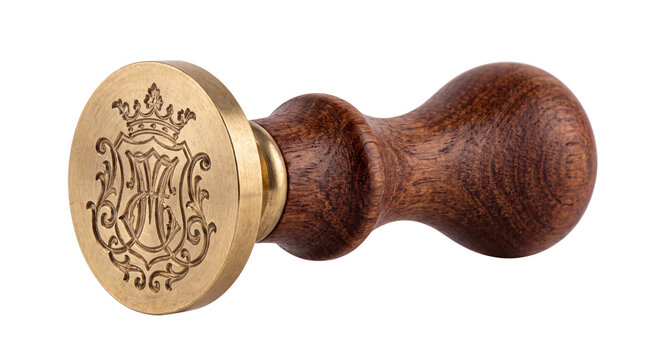 Vintage brass wax seal stamp with wooden handle. Antique heraldic crest stamper for wedding invitations and formal letters. isolated PNG with Transparent Background