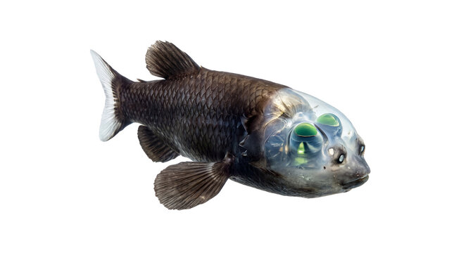 Barreleye fish with transparent head, deep sea macropinna microstoma with green eyes, bioluminescent marine creature for science isolated PNG with Transparent Background
