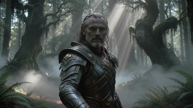 Medieval knight with sword in armor walking through misty dark forest. Warrior man in metal armor holding glowing blade among ancient trees and fog. Fantasy hero portrait in enchanted woodland
