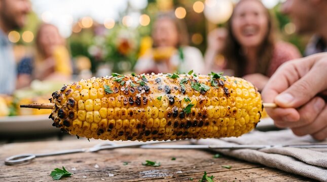 Close up of grilled corn on the cob with parsley and salt held by a hand at an outdoor party