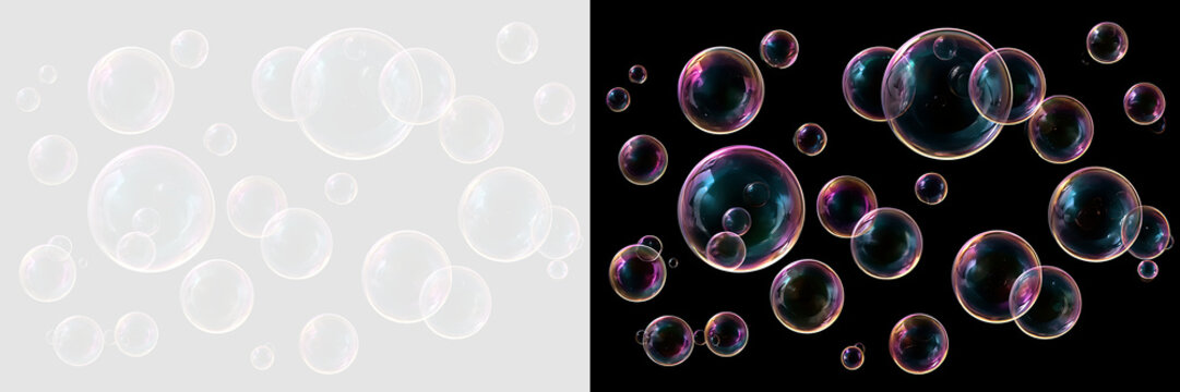 Realistic soap bubbles set on transparent and black backgrounds. Iridescent rainbow bubbles with reflections and highlights. Graphic design overlay elements
