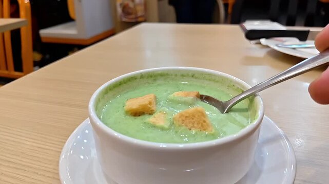 Spoon spooning up spinach cream soup with bread croutons, Rustic Italian French Food Cuisine, Gourmet Tasty Healthy Diet, Vegetarian Diet, Slow Motion