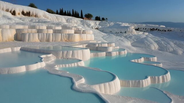 Travertine terraces with thermal water pools under blue sky serene natural landscape