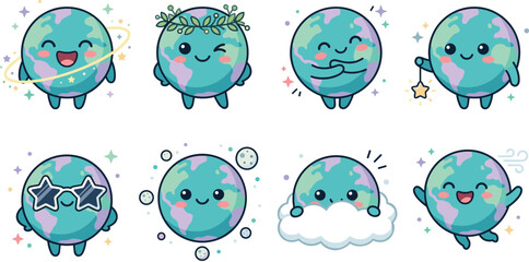 Cute Kawaii Earth Character Collection with Smiling Planet, Saturn Rings, Flower Crown, Sunglasses, Clouds, Stars, and Space-Themed Expressions © MstShahida